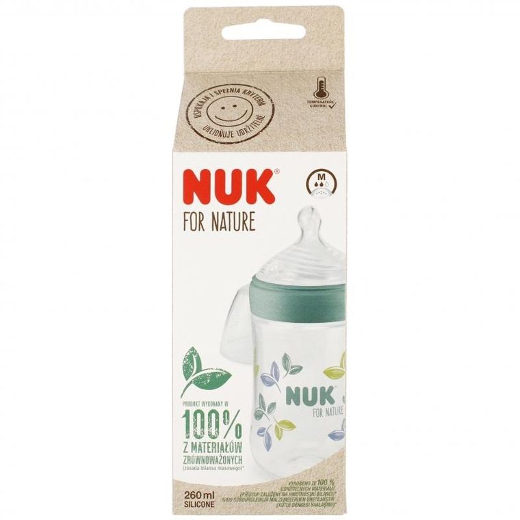 Nuk, For Nature, butelka ze smoczkiem silikonowym, rozmiar M, zielona, 260 ml