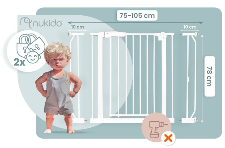 Nukido, barierka, bramka zabezpieczająca, biała, 75-105 cm