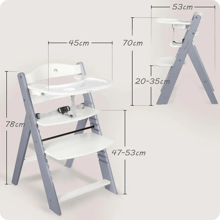 Nukido, Nelo, drewniane krzesełko do karmienia, szaro-białe