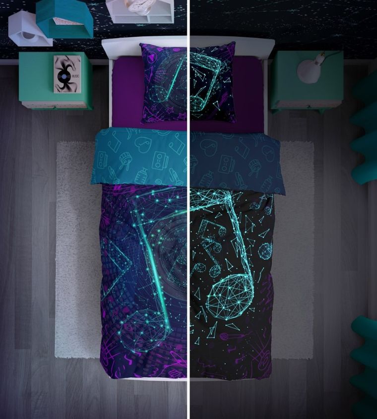 Nuty, Fluo, 2-częściowy komplet pościeli bawełnianej, świecąca w ciemności, 140-200 cm