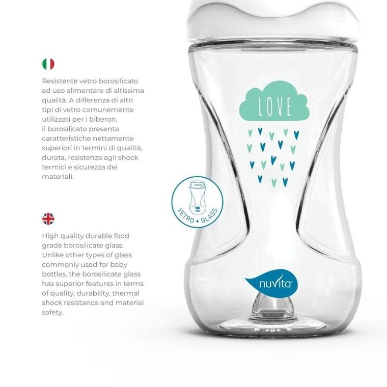 Nuvita, butelka szklana, antykolkowa, niebieska, 240 ml