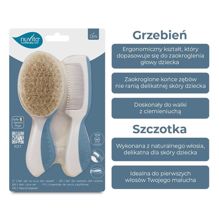 Nuvita, zestaw na ciemieniuchę: szczotka i grzebień, naturalne włosie, powder blue