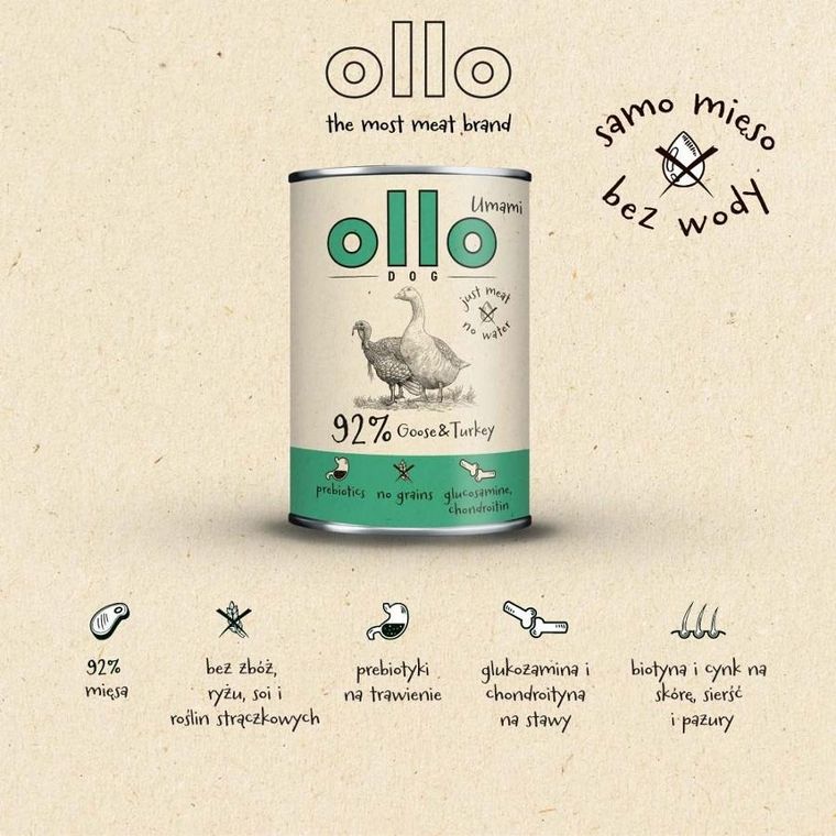 Ollo, Umami, Gęś i Indyk, karma mokra dla psa, 850g