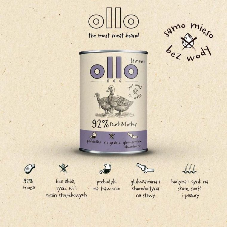 Ollo, Umami, Kaczka i Indyk, karma mokra dla psa, 850g