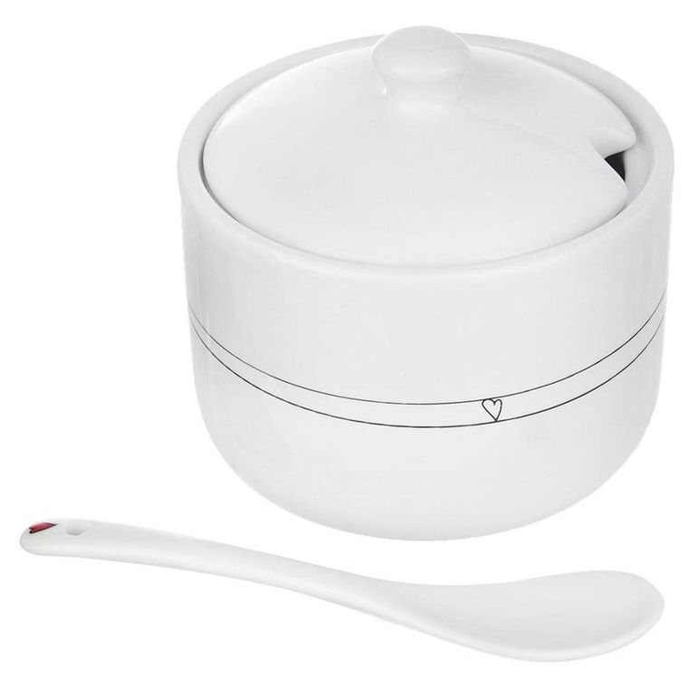 Orion, cukierniczka z łyżeczką i pokrywką, ceramiczna biała, serduszka