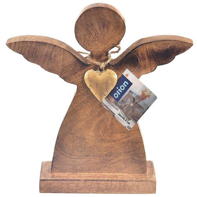 Orion, drewniana figurka anioła, z metalowym złotym sercem, 27-30 cm
