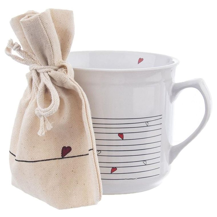 Orion, kubek z woreczkiem ceramiczny biały, serduszka, 700 ml