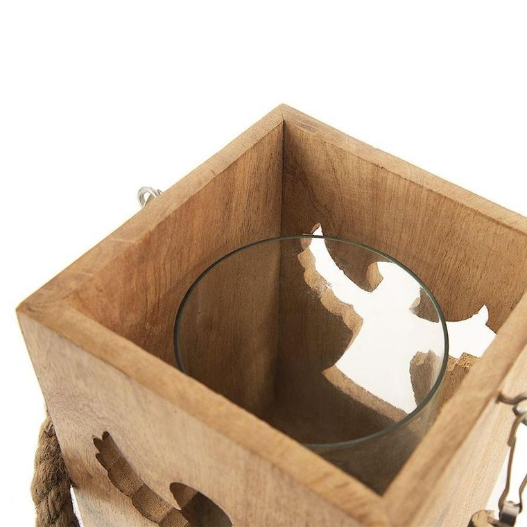 Orion, lampion na świeczkę drewniany, ze szklanym wkładem, anioł, 14-20.5 cm