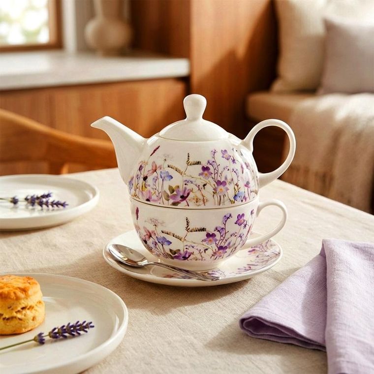 Orion, Louka, dzbanek z filiżanką do herbaty, porcelanowy, kwiaty, 3 elementy