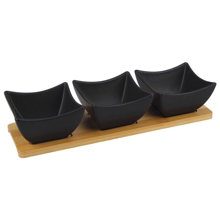Orion, miseczki na przekąski porcelanowe czarne na tacy, 31.5 cm, 4 el.