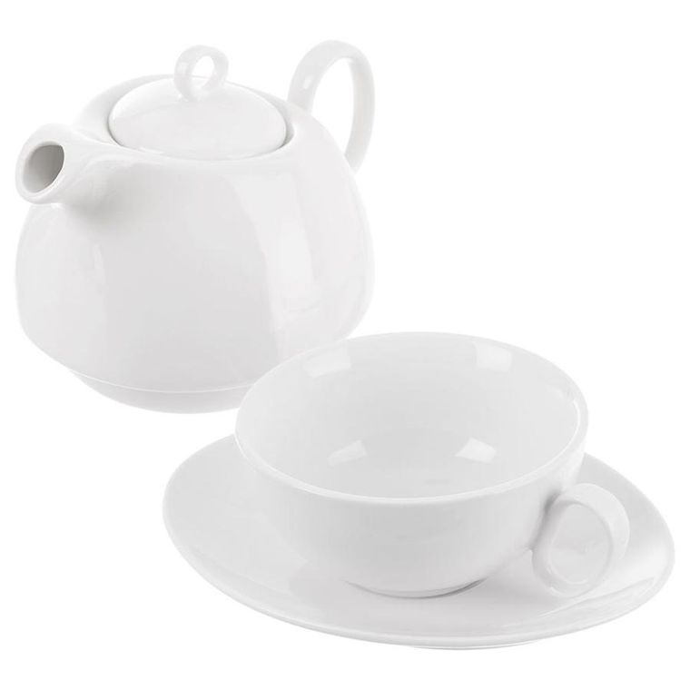 Orion, porcelanowy dzbanek z filiżanką do herbaty, biały, Mona, 3 elementy