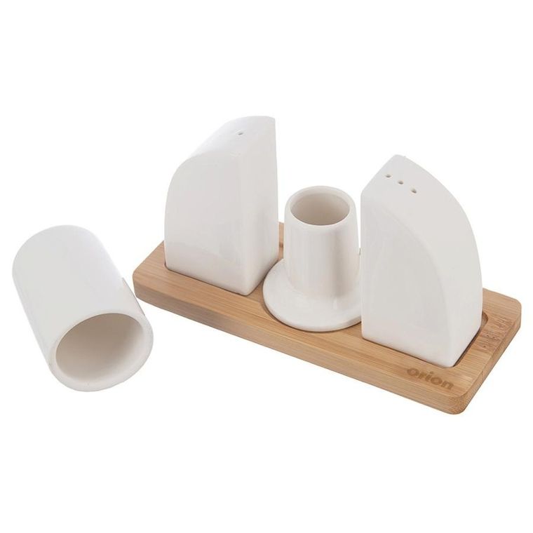 Orion, Whiteline, solniczka i pieprzniczka porcelanowa, ze stojakiem, 4 el.