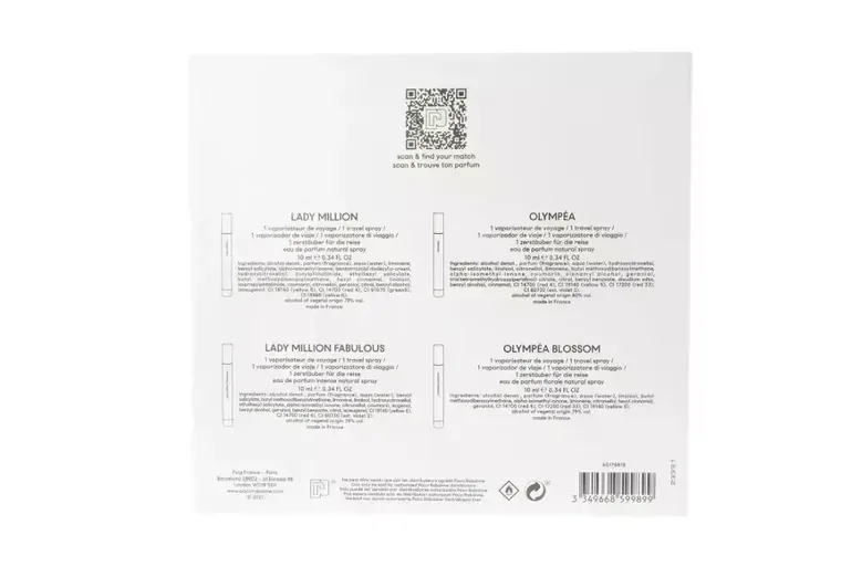 Paco Rabanne, Miniatures Collection: Lady Million, woda perfumowana, 10 ml + Olympea, woda perfumowana, 10 ml + Lady Million Fabulous Intense, woda perfumowana, 10 ml + Olympea Blossom, woda perfumowana, 10 ml