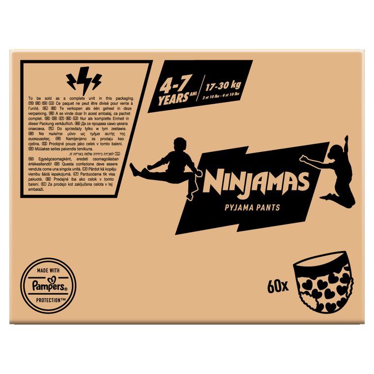 Pampers, Ninjamas, Serduszka, chłonna bielizna na noc, rozmiar 4-7 lat, 17-30 kg, 60 szt.
