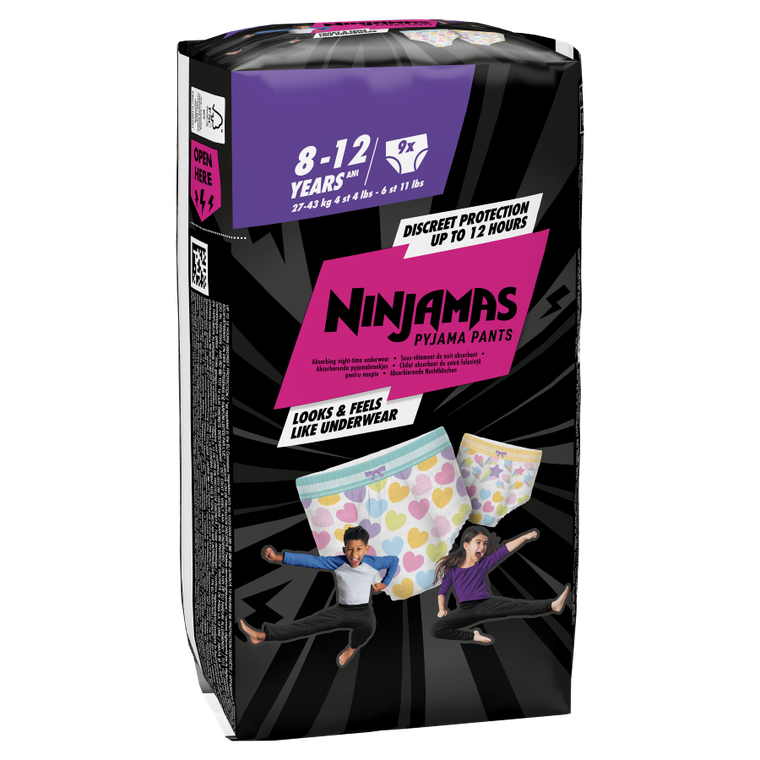 Pampers, Ninjamas, Serduszka, chłonna bielizna na noc, rozmiar 8-12 lat, 27-43 kg, 9 szt.
