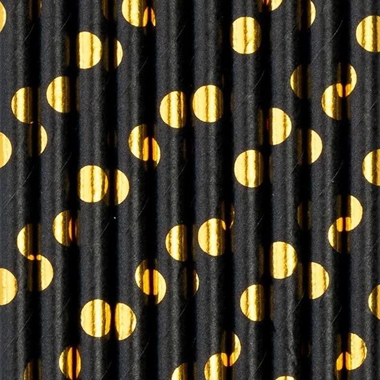 Papierowe słomki, czarne, złote kropki