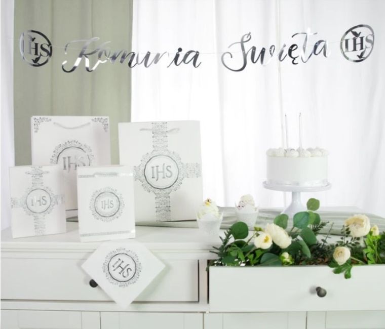 Party Tino, baner, Komunia Święta, IHS, srebrny, 150 cm