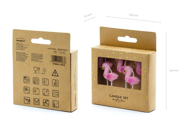 PartyDeco, Aloha Party, świeczki urodzinowe na tort, flamingi, różowe, 3 cm, 5 szt.