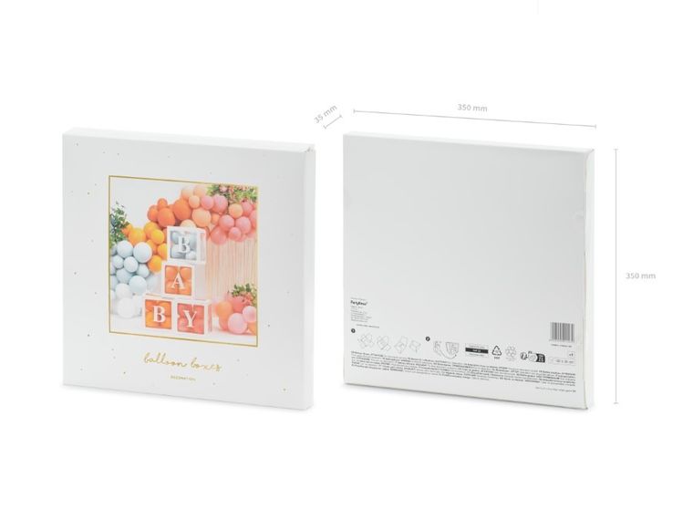 PartyDeco, BABY, pudełka na balony, z literkami, białe, 30-30 cm, 4 szt.