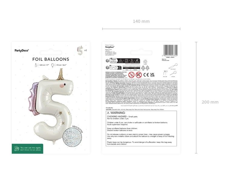 PartyDeco, balon foliowy, cyfra 5, jednorożec, 93 cm, 1 szt.