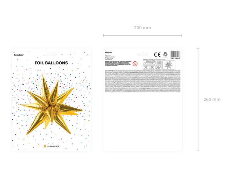 PartyDeco, balon foliowy, Gwiazda 3D, 95 cm, złoty