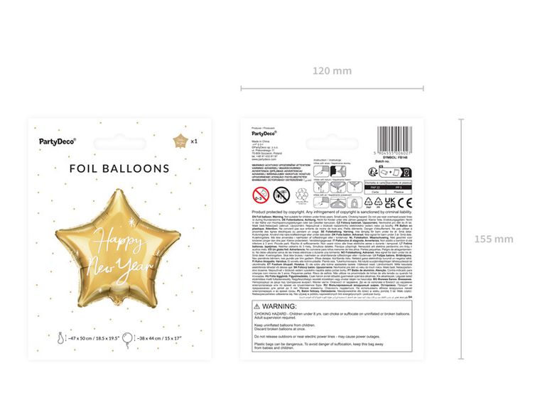 PartyDeco, balon foliowy Gwiazdka Happy New Year, 47-50 cm, złoty, 1 szt.