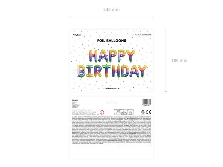 PartyDeco, balon foliowy Happy Birthday, 340-35 cm, tęczowy, 1 szt.