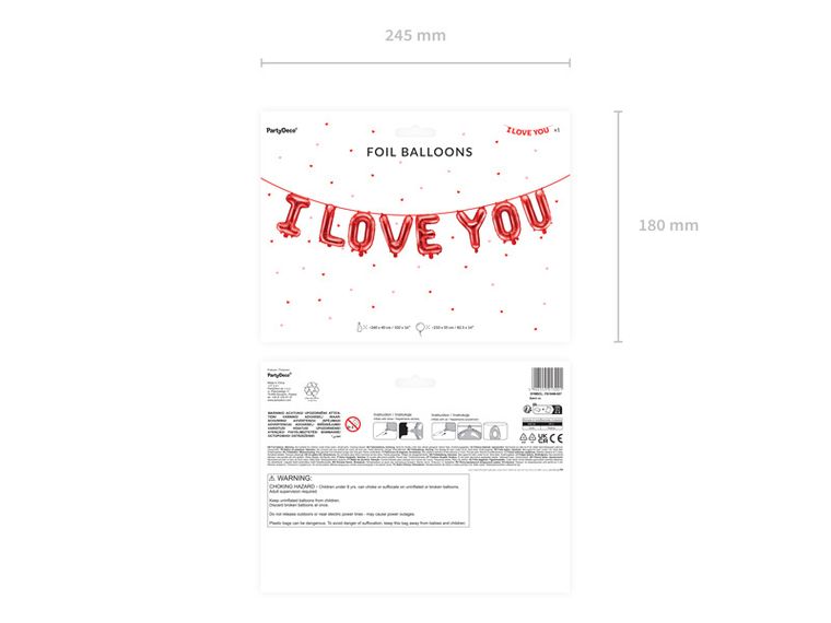 PartyDeco, balon foliowy I Love You, 260-40 cm, czerwony, 1 szt.