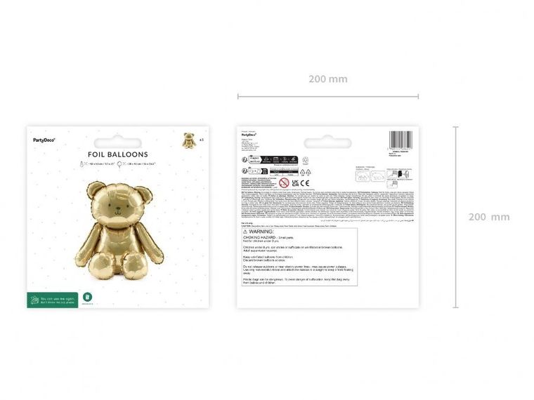 PartyDeco, balon foliowy, miś, złoty, 43-53 cm, 1 szt.