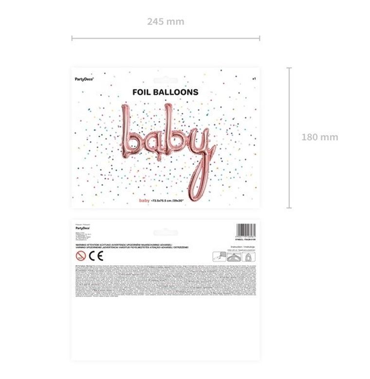 PartyDeco, balon foliowy, napis baby, dekoracje dla dziecka, różowe złoto, 73,5-75,5 cm