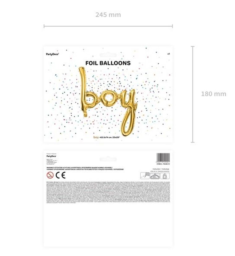 PartyDeco, balon foliowy, napis Boy, złoty, 63,5-74 cm