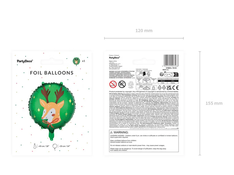 PartyDeco, balon foliowy Renifer, 45 cm, mix, 1 szt.