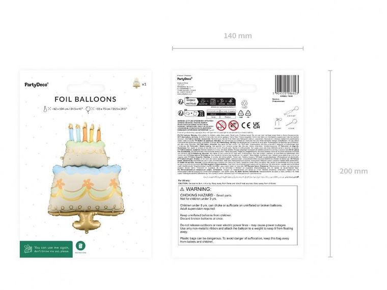 PartyDeco, balon foliowy, tort, 62-104 cm