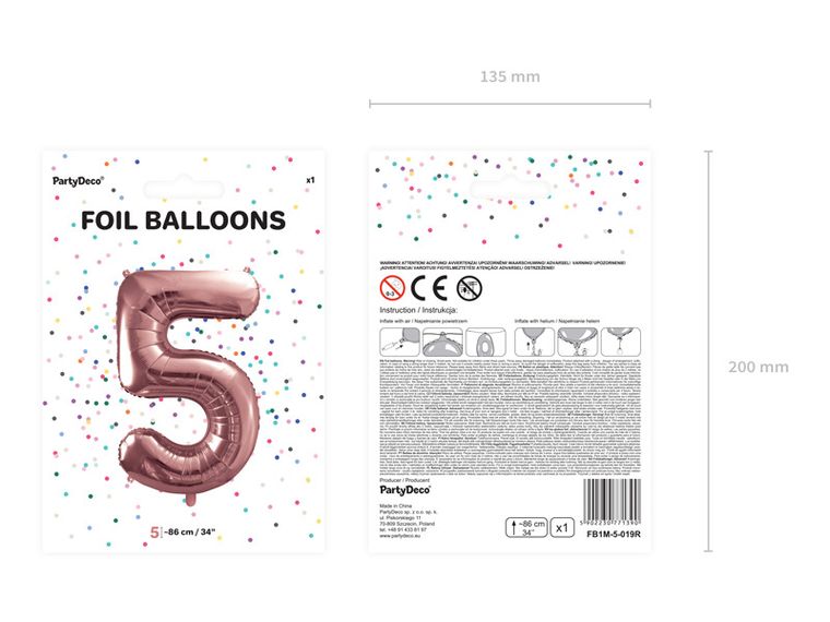 PartyDeco, balon foliowy, w kształcie cyfry 5, 86 cm, różowe złoto