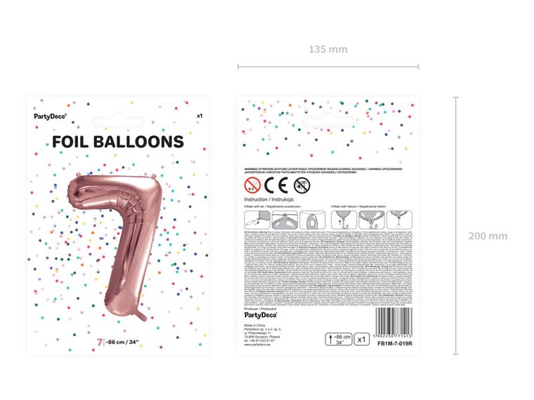 PartyDeco, balon foliowy, w kształcie cyfry 7, 86 cm, różowe złoto