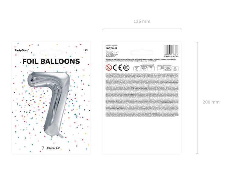 PartyDeco, balon foliowy, w kształcie cyfry 7, srebrny, 86 cm