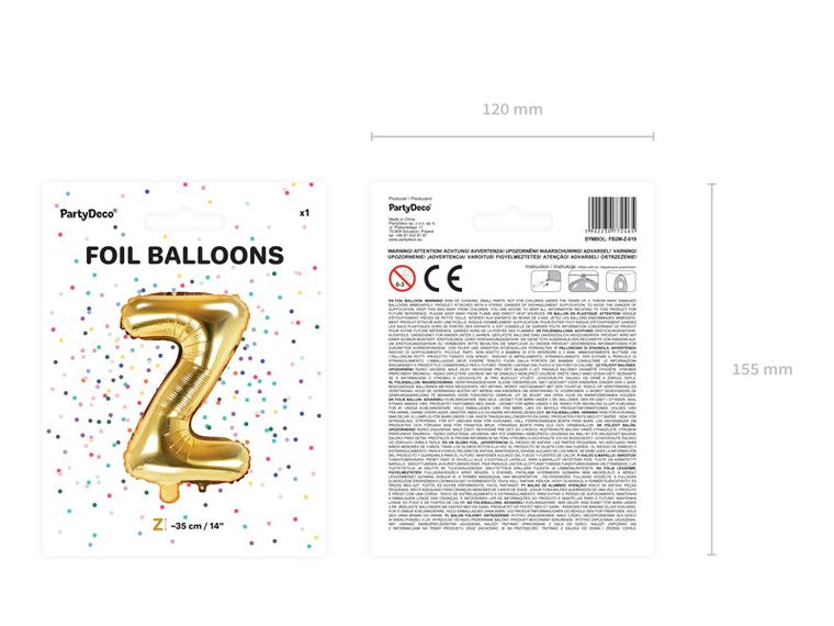 PartyDeco, balon foliowy, w kształcie litery Z, 35 cm, złoty