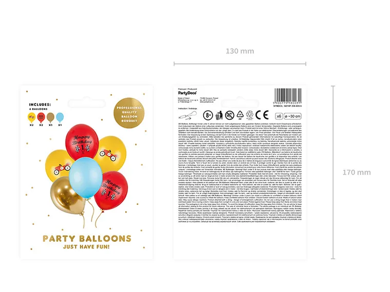PartyDeco, balony 30 cm, Happy Birthday, mix, 6 szt.