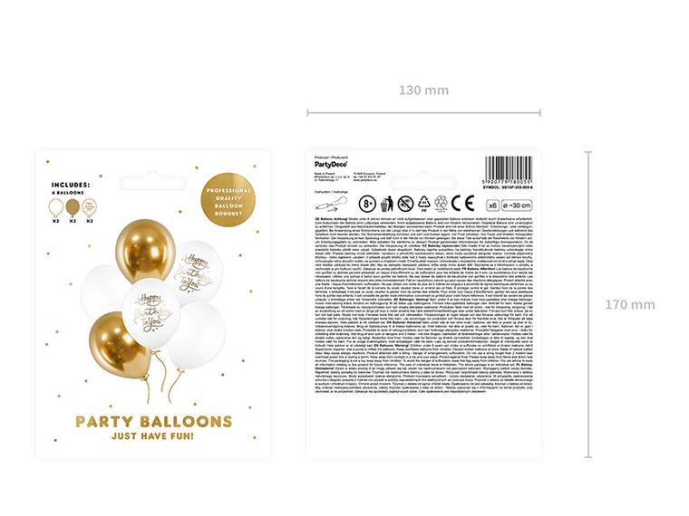 PartyDeco, balony 30 cm, Happy Birthday To You, mix, 6 szt.