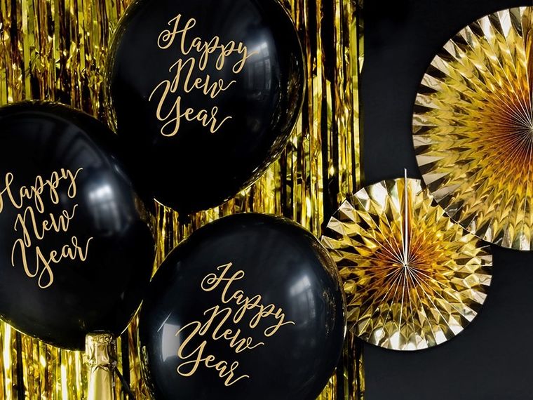 PartyDeco, balony lateksowe, Happy New Year, czarne, 30 cm, 6 szt.