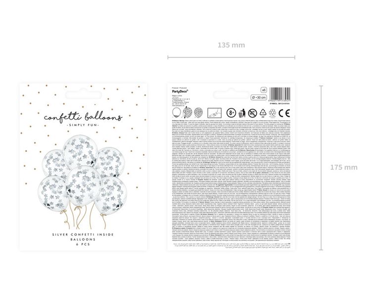 PartyDeco, balony z konfetti, gwiazdki, 30 cm, srebrny, 6 szt.