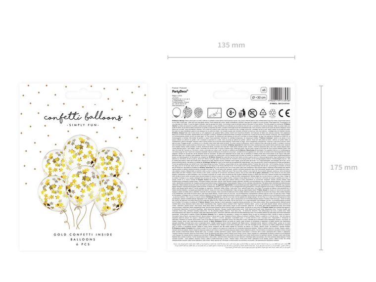 PartyDeco, balony z konfetti, gwiazdki, 30 cm, złoty, 6 szt.