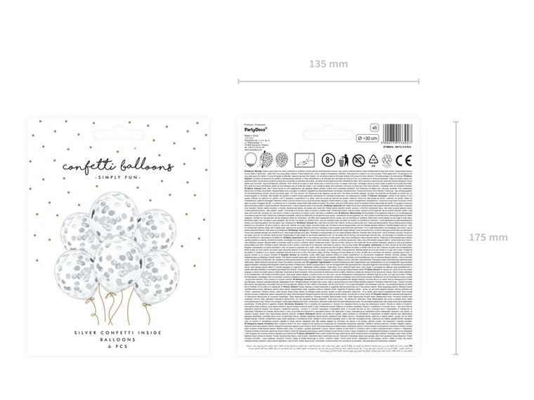 PartyDeco, balony z konfetti, kółka, 30 cm, srebrny, 6 szt.