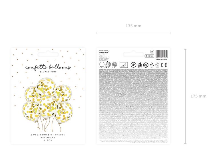 PartyDeco, balony z konfetti, kółka, 30 cm, złoty, 6 szt.