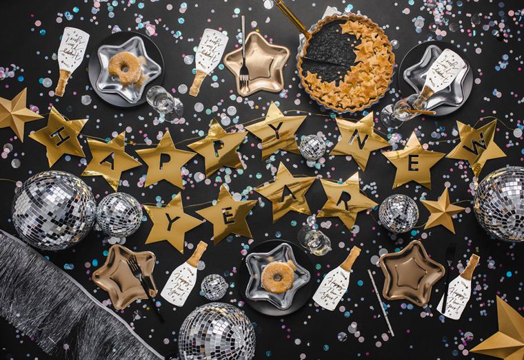 PartyDeco, baner Happy New Year gwiazdki, 290-17 cm, 1 szt.