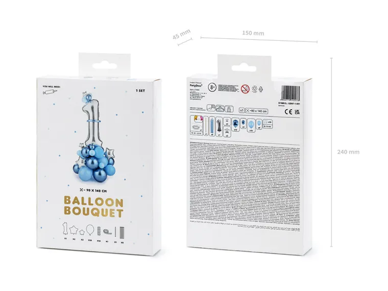 PartyDeco, bukiet balonów, cyfra "1", niebieski, 90-140 cm, 1 szt.