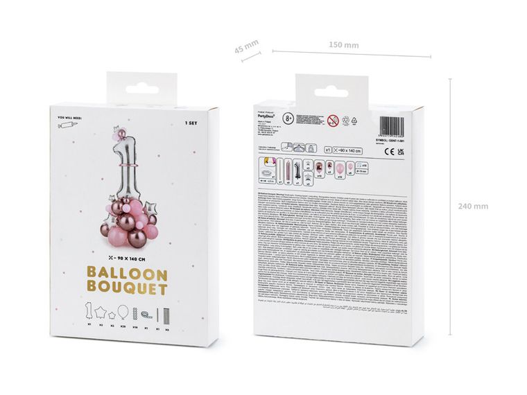 PartyDeco, bukiet balonów, cyfra "1", różowy, 90-140 cm, 1 szt.