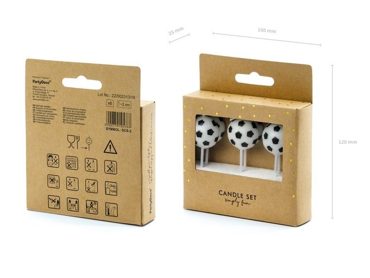 PartyDeco, Football Party, świeczki urodzinowe na tort, piłki nożne, 2,5 cm, 6 szt.