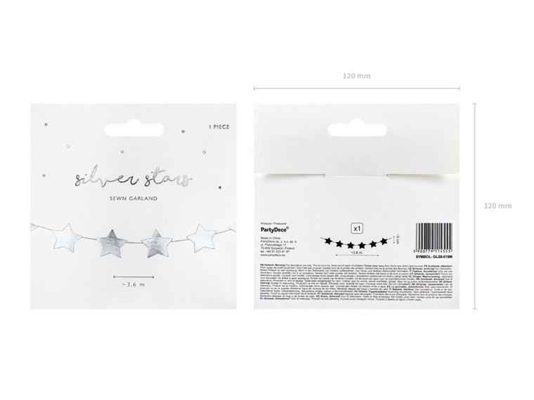 PartyDeco, girlanda gwiazdki, srebrna, 3, 6 m