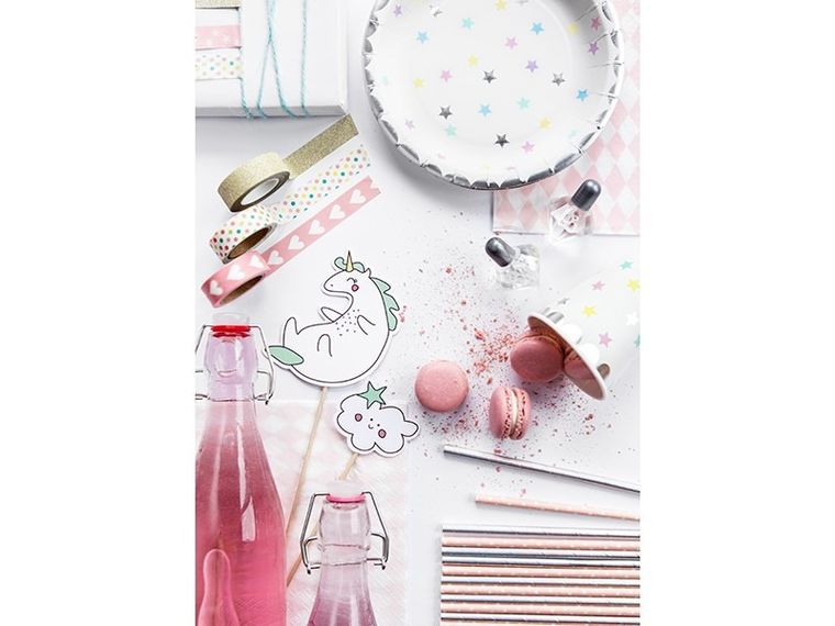 PartyDeco, Jednorożec Party, talerzyki papierowe, jednorożec-gwiazdki, białe, 18 cm, 6 szt.